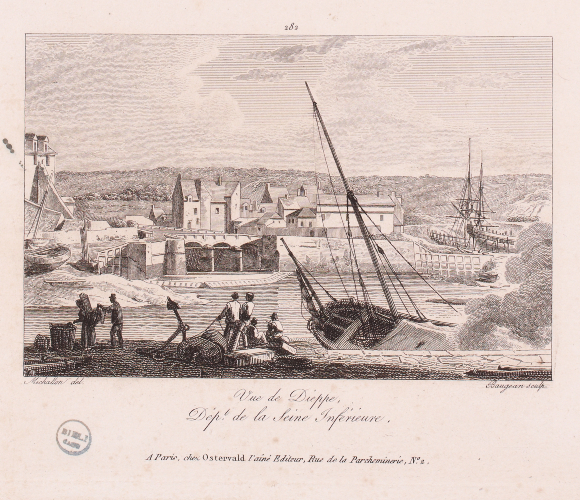 Vue de Dieppe, dépt. de la Seine Inférieure . Par Michallon (dessin) et Baugean (Gravure sur cuivre, burin et eau-forte), 1817 (FNI C 1583)