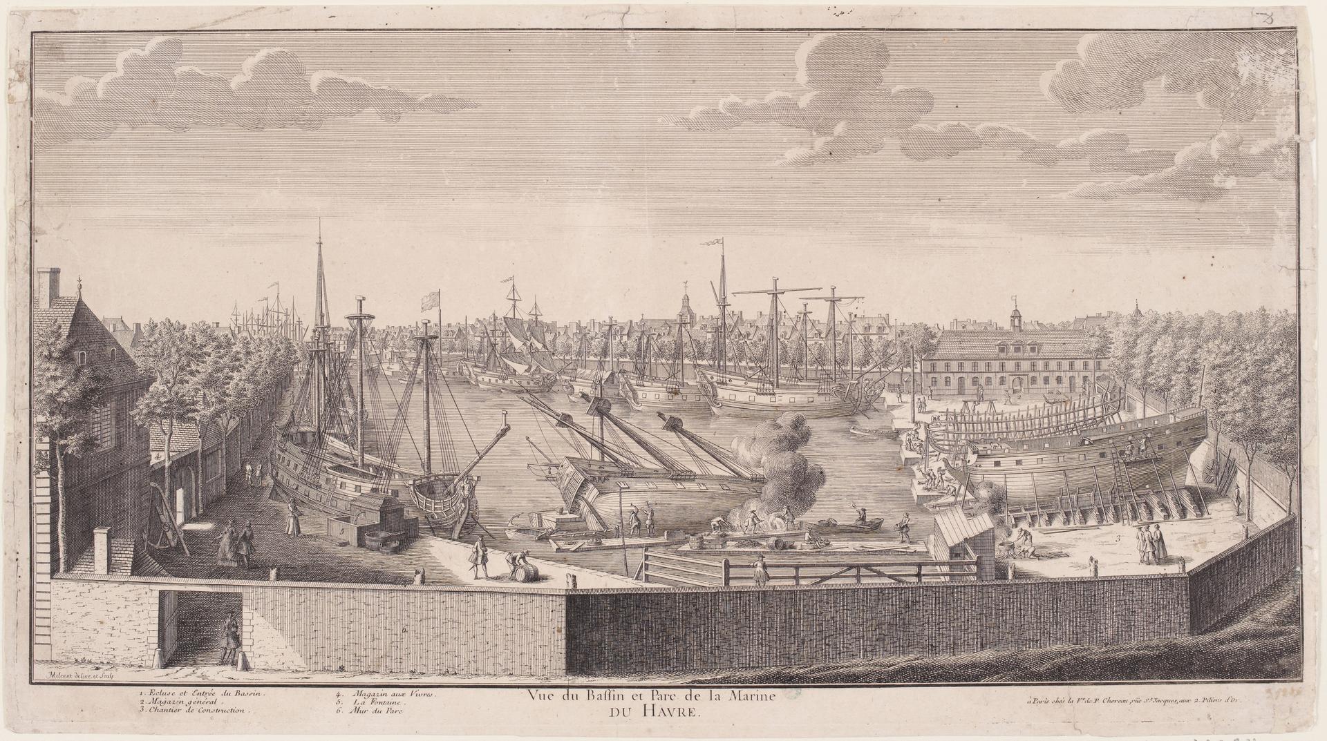 Vue du Bassin et Parc de la Marine du Havre, Philippe Nicolas Milcent, 1730, (FNI C 1511)