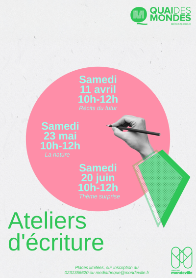Ateliers d'écriture de 11h à 12h les samedis 11 avril, 23 mai et 20 juin. Inscription au 02 31 35 66 20.