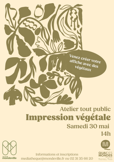 Atelier d'impression végétale tout public. Le samedi 30 mai à 14 heure à la médiathèque Quai des Mondes. Réservation au 02 31 35 66 20