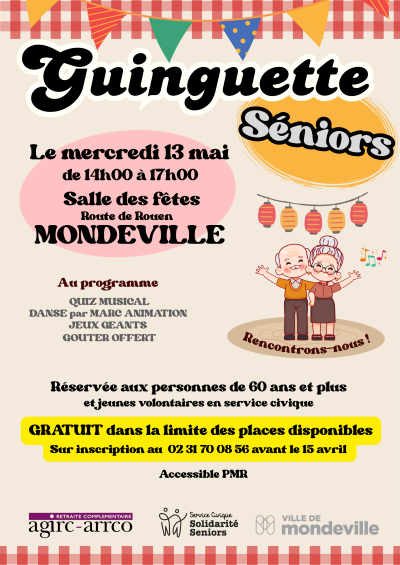 Guinguette Séniors, le mercredi 13 mai à la salle des fêtes de Mondeville - Route de Rouen. Réservée au 60 ans et plus. Gratuite sur inscription au 02 31 70 08 56