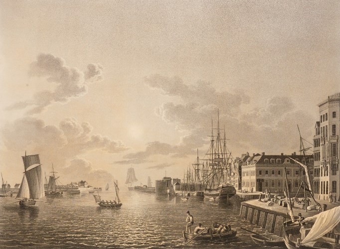 Havre - vue du port d'entrée, peinture : Luttringshausen, gravure : Reeve, 1823 (FN C 332)