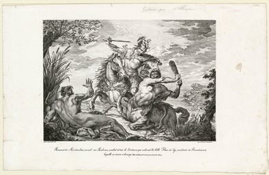 Renaud de Montauban, monté sur Rabican, combat et tue le Centaure qui enlevait la belle Fleur de lys, maîtresse de Brandimard, laquelle se sauva à la nage : (Tiré de Roland l'amoureux, Livre 3, Chap.?) | 