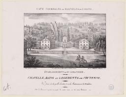 Eaux thermales de Bagnoles de l'Orne : établissement de Mr Le machois : chapelle, bains et logements sur Couterne : vue prise de la grille d'entrée près les Batimens sur la Madeleine : le batiment de gauche est projeté là existe encore un des vieux  Batimens | 