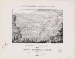 Eaux thermales de Bagnoles de l'Orne : Etablissement de Mr. Lemachois : vallée et batimens de Bagnoles : vue prise du Mont Ida dans le parc | Malapeau, Charles-Louis (1795-1878)
