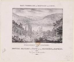 Eaux thermales de Bagnoles de l'Orne : Etablissement de Mr. Lemachois : hôpital militaire et étang de la fenderie de Bagnoles : vue prise du roc aux chiens | Malapeau, Charles-Louis (1795-1878)