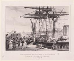 Embarquement de Charles X et de sa famille, le 15 août 1830 dans le port de Cherbourg à bord du Great-Bretane, commandé par le Cne Durville | Dusaulchoy, Charles (1781-1852)