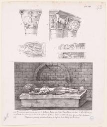 Tombeau, sculpture, chapiteaux de Notre-Dame-sur-l'eau à Domfront et de l'abbaye de Lonlay | Dulomboy (18..-18.. ; lithographe)